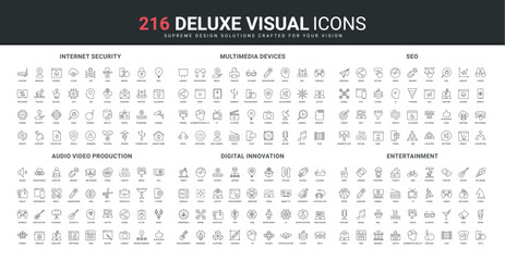 Production of audio and video content, digital innovation, internet security, SEO service line icon set. Multimedia devices for entertainment and work thin black outline symbols vector illustration