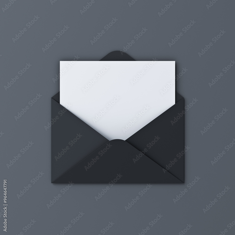 Fototapete Blank white note paper sheet or card in unfolded black envelope isolated on black background with shadow minimal letter conceptual 3D rendering