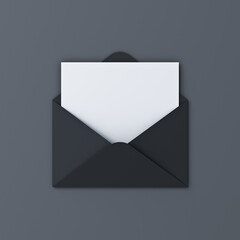 Blank white note paper sheet or card in unfolded black envelope isolated on black background with shadow minimal letter conceptual 3D rendering