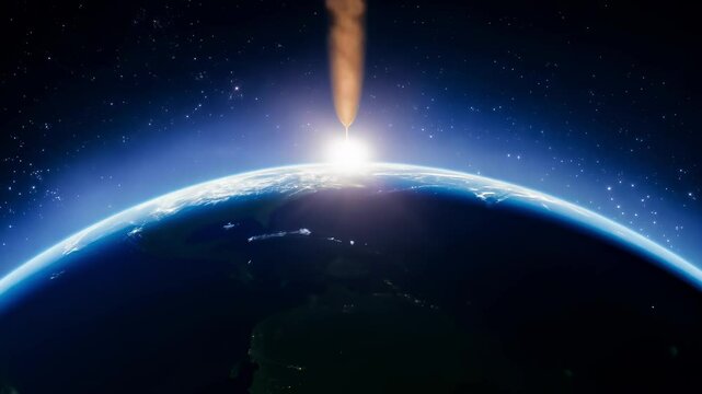 A meteor streaks through the night sky, its bright glow piercing the darkness, heading toward Earth. The camera zooms in, emphasizing the meteor's speed and the sonic boom it creates as it sends