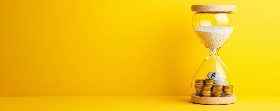 Financial Countdown: Hourglass with Falling Coins and Decreasing Interest Rate Line, Time and Money Metaphor with Copy Space