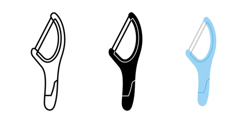 Dental floss stick icon. Toothpick with silk floss vector illustration. Oral hygiene symbol. Dental equipment sign. Hygienic tool pictogram. Mouth health care concept.