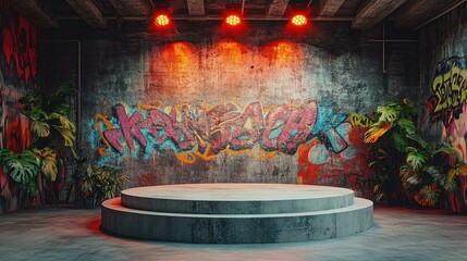 A vibrant urban stage with graffiti-covered walls, surrounded by lush plants, illuminated by dramatic red lights ideal for event promotions, concerts, or urban-themed presentations,