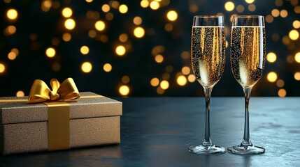 Engraved champagne flutes in personalized gift box, wedding celebration, 3D illustration