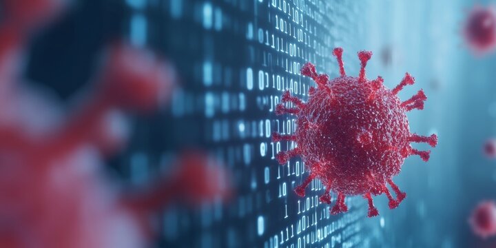 Impact of Covid-19 on Digital Age Virus Particles in Technology Landscape, Daytime, Futuristic Mood, Highlighting Global Pandemic and Tech Integration