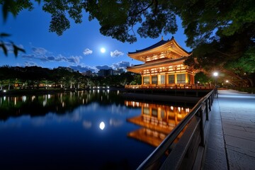 Fototapeta premium Golden Pavilion glowing under a full moon with its reflection shimmering gently in the calm pond below
