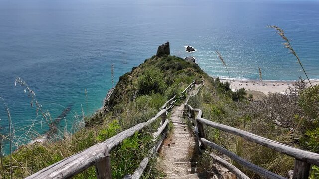 Beautiful seascape along the "Lovers Path" in Marina di Ascea, Cilento region. Province of Salerno, Campania, Italy.