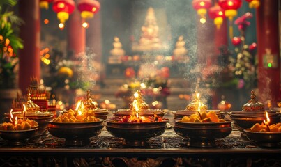 A richly adorned altar table with offerings and incense burning for the Hungry Ghost Festival, in front of a temple glowing with red lights and traditional decorations