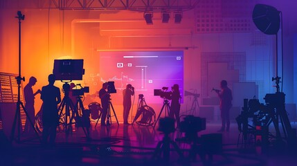commercial video film movie making lighting set professional studio production big working people silhouette scenes behind television camera motion picture equipment crew photo light