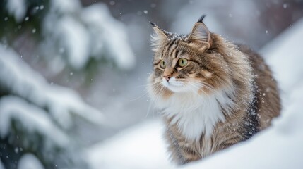 A majestic cat sits gracefully in a snowy landscape, surrounded by falling snowflakes.
