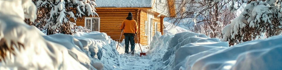 a man removes snow near the house. Selective focus