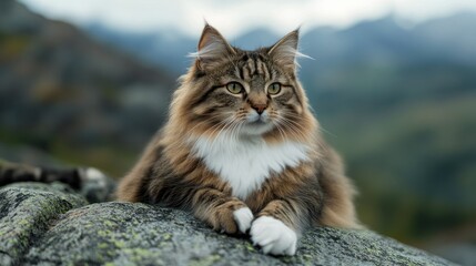 Fototapeta premium A majestic cat with a fluffy coat resting on a rock, set against a scenic mountainous backdrop.