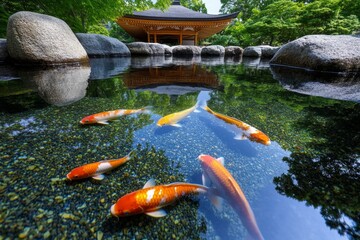 Golden Pavilionâ€™s reflection in the pond appearing almost dreamlike as koi fish swim just beneath the surface