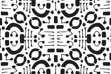 Fantastic hieroglyphics black white seamless pattern on white background. Vector alien or Mexican repeat swatch backdrop, fabric print