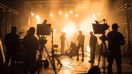 commercial video film movie making lighting set professional studio production big working people silhouette scenes behind television camera motion picture equipment crew photo light