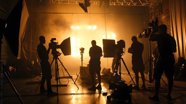 commercial video film movie making lighting set professional studio production big working people silhouette scenes behind television camera motion picture equipment crew photo light