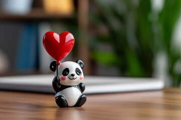Kawaii cute figurine of a little panda holding a heart-shaped balloon, smiling brightly with rosy cheeks