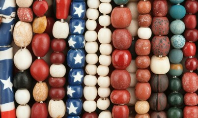 Diverse Group Creating Patriotic Bead Art Adults and Children in Casual Attires Assembling Red, White, and Blue Beads into American Flag Design, Indoors, Daytime, Cheerful Atmosphere