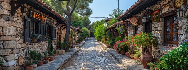 Obraz premium A traditional Cypriot village with lace-making shops and stone-built houses.