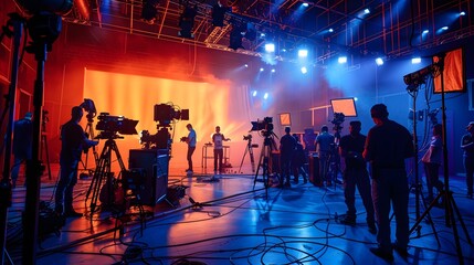 commercial video film movie making lighting set professional studio production big working people silhouette scenes behind television camera motion picture equipment crew photo light