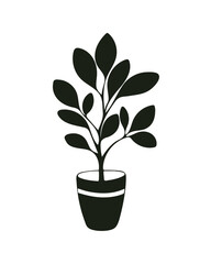 Indoor tree plant in pot. Silhouette flowerpot. Hand drawn doodle drawing, isolated on white background.