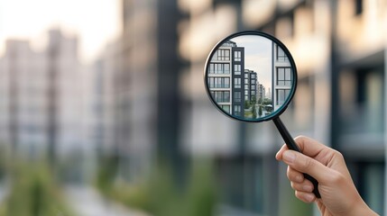 Hand holding a magnifying glass over a modern apartment complex, symbolizing detailed real estate search and property evaluation, urban setting with greenery