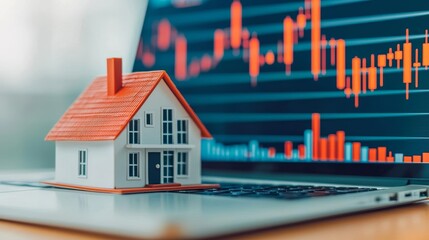 House model on a laptop with stock market charts, reflecting real estate success and financial opportunities, detailed and dynamic composition