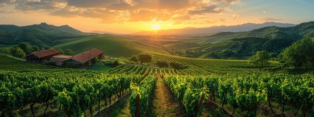 Rolling hills covered in vineyards, with traditional Georgian wine cellars.