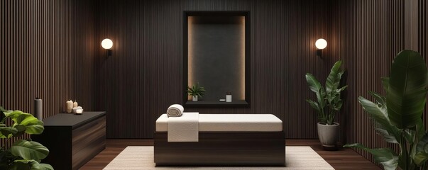 Artistic image of a spa treatment room with dark wood, soft lighting, and botanical accents