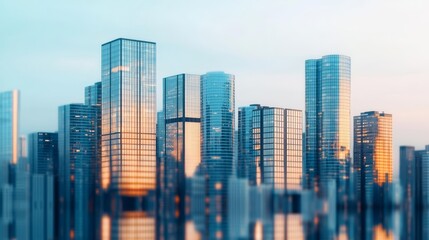 Abstract city reflection with glass buildings, glowing urban horizon, high-definition modern city view