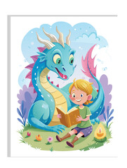 dragon and a little boy reading books together, Kids Book Cover