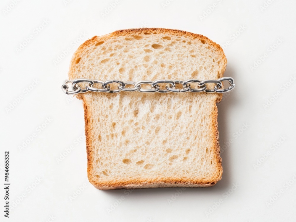 Poster abstract close-up of bread slice with silver chain on white background - smooth tones, symmetrical c