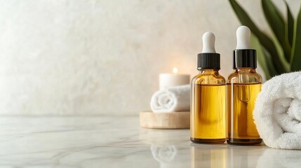 Close-up of a luxurious body oil set on a marble counter in a spa, highlighting indulgence