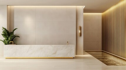 Elegant spa lobby with a marble desk, golden fixtures, and a water feature, representing sophistication