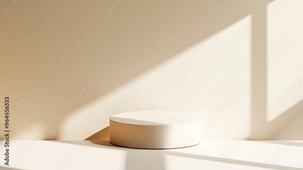 Poster Minimalist Pastel White Circular Podium on Light Brown Background with Soft Shadows and Diffused Bright Lighting in a Modern Monochromatic Setup