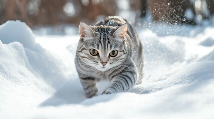 A playful cat exploring the snowy landscape, leaving paw prints in the fresh snow.
