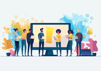 Fototapeta premium People Collaborating Online in Minimalistic Vector Illustration for Business Success and Teamwork Concept with Laptops and Colorful Background