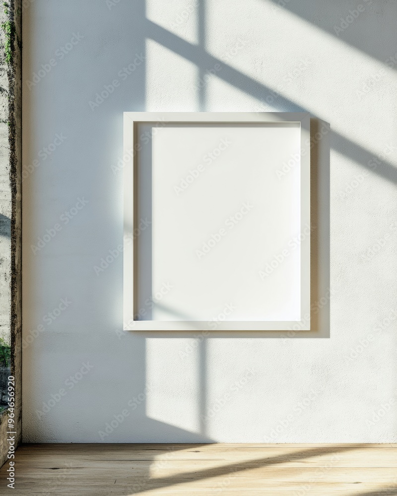 Poster minimalist interior design mockup with empty frame on soft white concrete wall and wooden floor in b