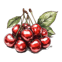Classic ink and watercolor illustration of a bunch of cherries. Drawing on a transparent background