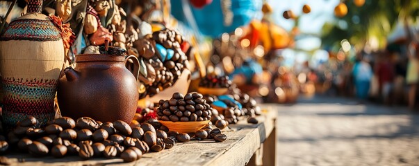 Fototapeta premium A vibrant market scene showcasing traditional pottery and an array of colorful nuts displayed on wooden tables under sunny skies.