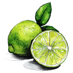 Decorative lime illustration with a whole lime and half lime. Hand-drawn ink and watercolor style, isolated on a transparent background