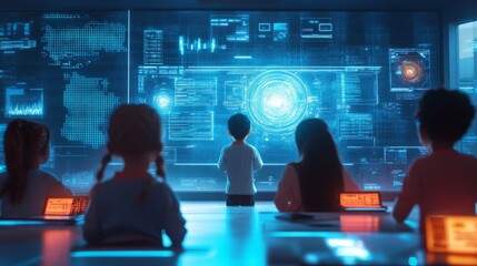 Children engaging with AI tutors in a futuristic classroom, with space for text on the digital screens around them.