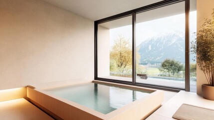 Fototapeta premium Modern spa with a floating onsen bath and nature views, promoting a serene experience