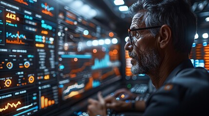 Professional Analyzing Data on Multiple Digital Screens in Futuristic Office