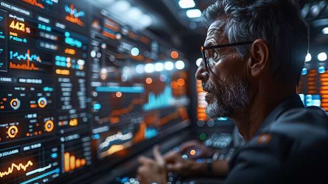 Professional Analyzing Data on Multiple Digital Screens in Futuristic Office