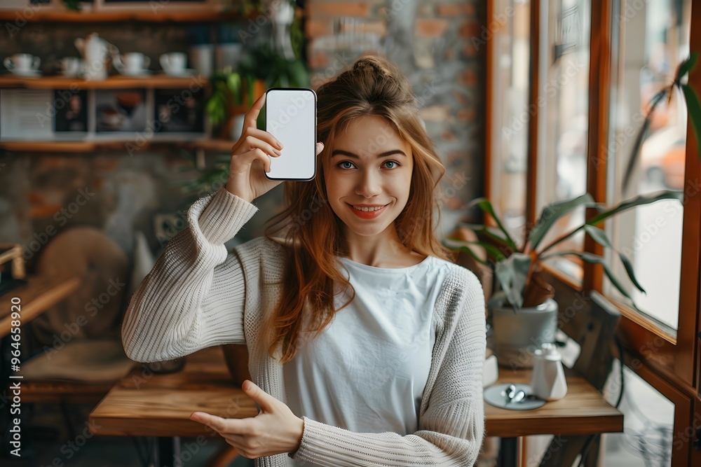 Wall mural mockup image of a beautiful woman pointing finger at a mobile phone with blank white screen