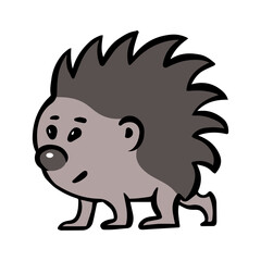 Cartoon funny hedgehog on a white background. Forest mammal. Wild cute animal. Vector isolated illustration. Simple sketch caricature