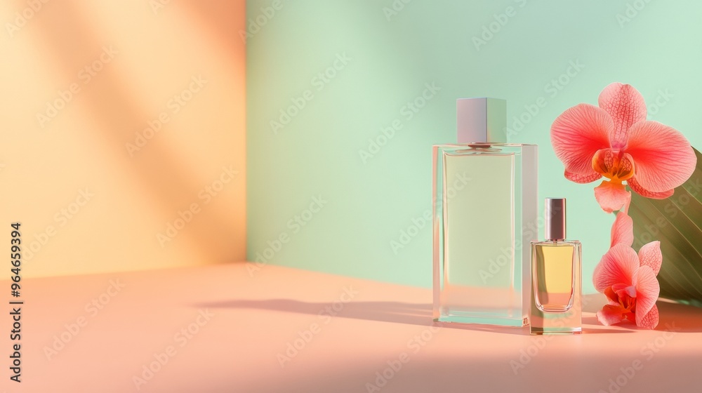 Poster modern minimalist soft pastel orange display table with perfume bottle and red flower in stylish con