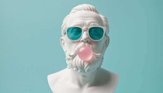 Portrait personnage sculpture buste statue pierre marbre 3D fun lunettes soleil bulle bleu chewing-gum.