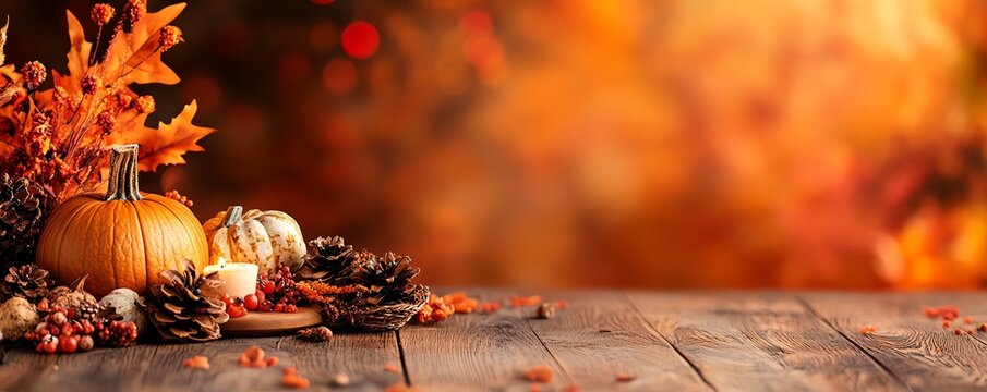 Autumn scene featuring pumpkins, leaves, and pinecones on a rustic wooden table, perfect for fall decor and seasonal celebrations.